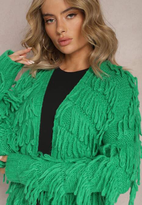 Zielony Niezapinany Kardigan w Ozdobne Frędzle Massawa
