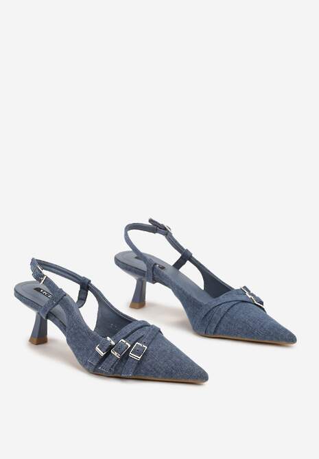 Granatowe Czółenka z Noskiem w Szpic na Obcasie Kaczuszce z Dekoracyjnymi Klamrami Sinitte