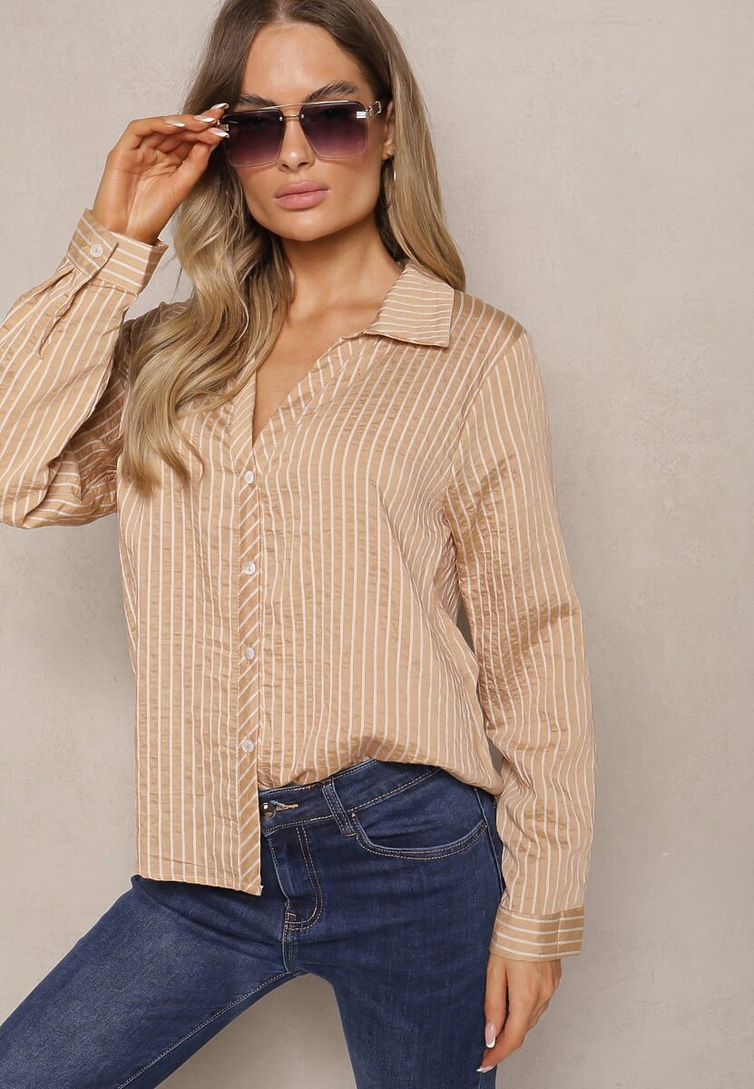 Beżowa Casualowa Koszula z Dodatkiem Bawełny w Paski Merinete