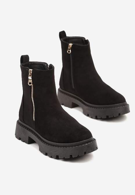 Czarne Płaskie Botki z Ekozamszu z Suwakiem Tinaferr