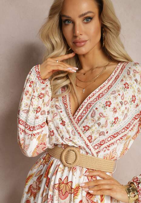 Biało-Beżowa Sukienka Rozkloszowana z Paskiem Verintius