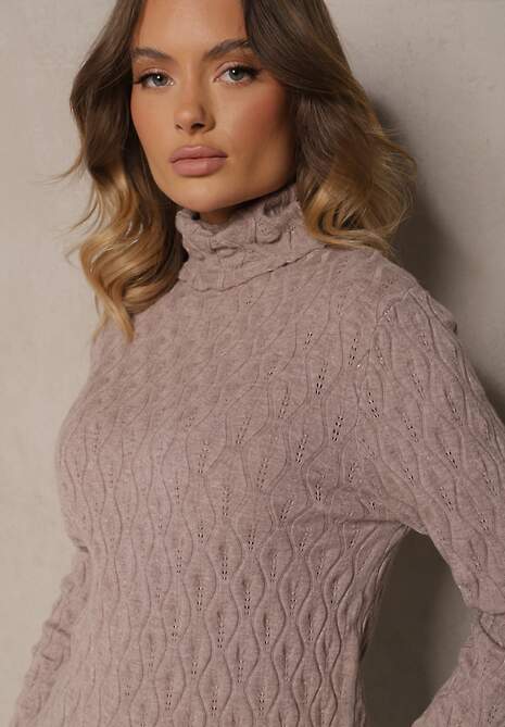 Ciemnobeżowy Golf z Wiskozą w Tłoczony Wzór Przeszyty Metaliczną Nitką Neldora