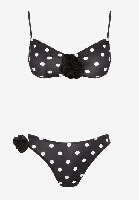 Czarne Bikini w Grochy z Kwiatowymi Aplikacjami Biustonosz i Figi Loritia