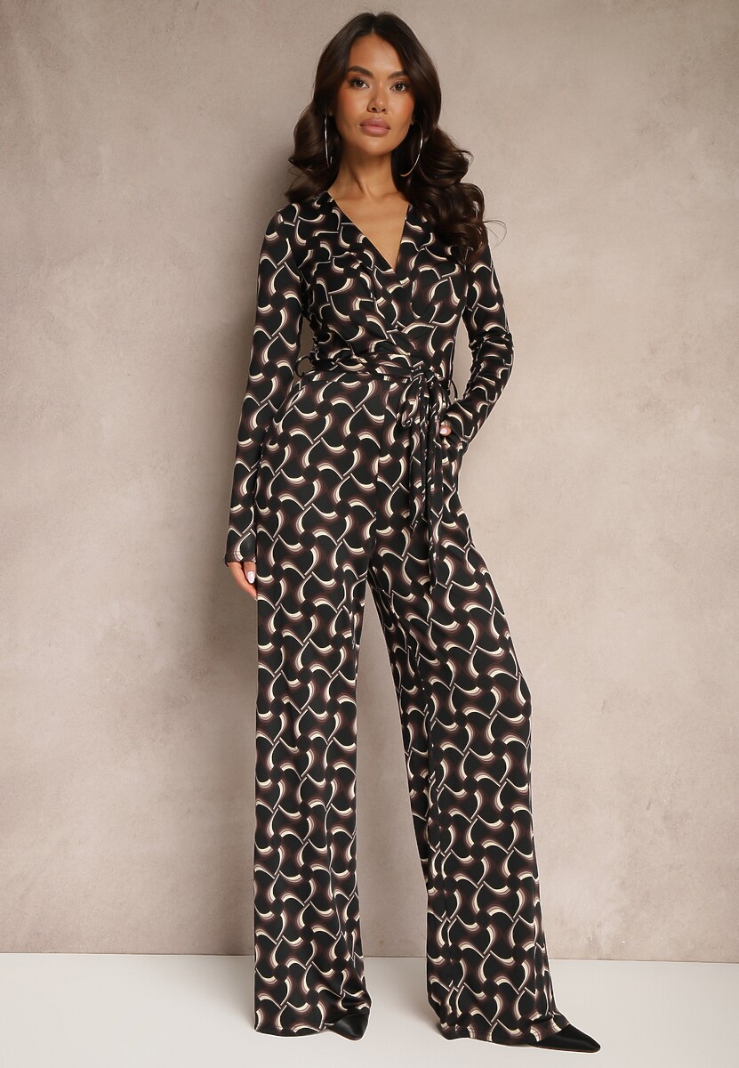 Bordowy Kopertowy Kombinezon z Wiskozą z Szerokimi Nogawkami i Paskiem w Geometryczny Wzór Botavia