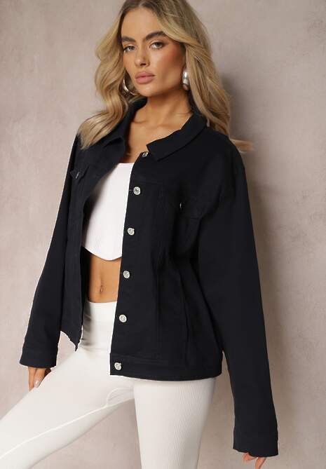 Granatowa Jeansowa Kurtka z Bawełny z Metalicznym Guzikami Urielati