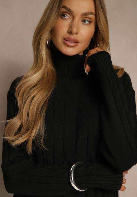 Czarna Sukienka Sweterkowa z Golfem Wełną  Bawełną i Ozdobnym Splotem Reilenea