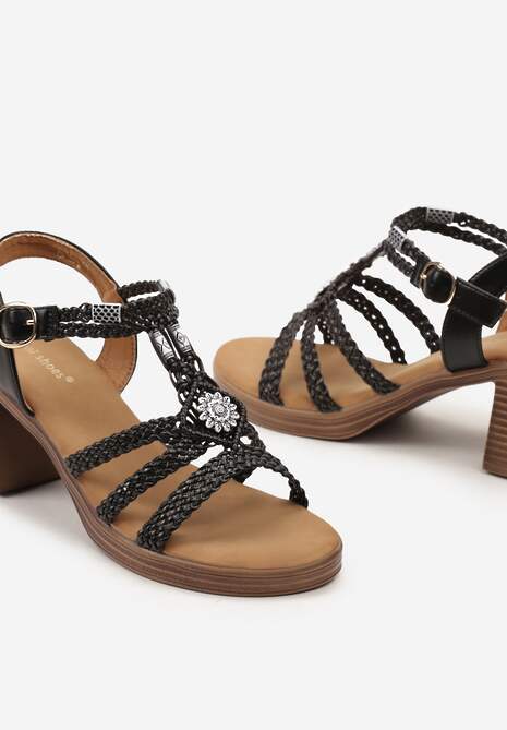 Czarne Sandały na Obcasie Ozdobione Plecionką i Kryształkami Kylamoon