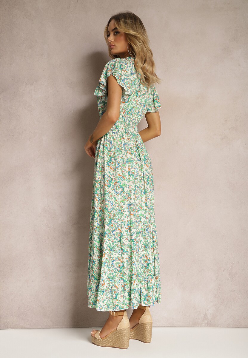 Jasnozielona Bawełniana Sukienka na Lato z Gumką w Talii i Delikatnymi Falbankami Gloriassa