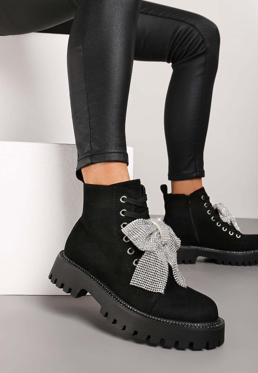 Czarne Botki na Platformie ze Sznurowaniem Ozdobione Kokardą z Cyrkonii Naonira