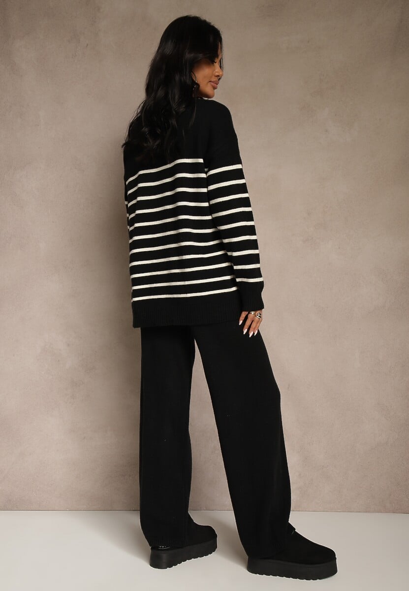 Czarny Komplet z Bawełną i Wełną Spodnie o Szerokim Kroju i Sweter w Paski Reimeia