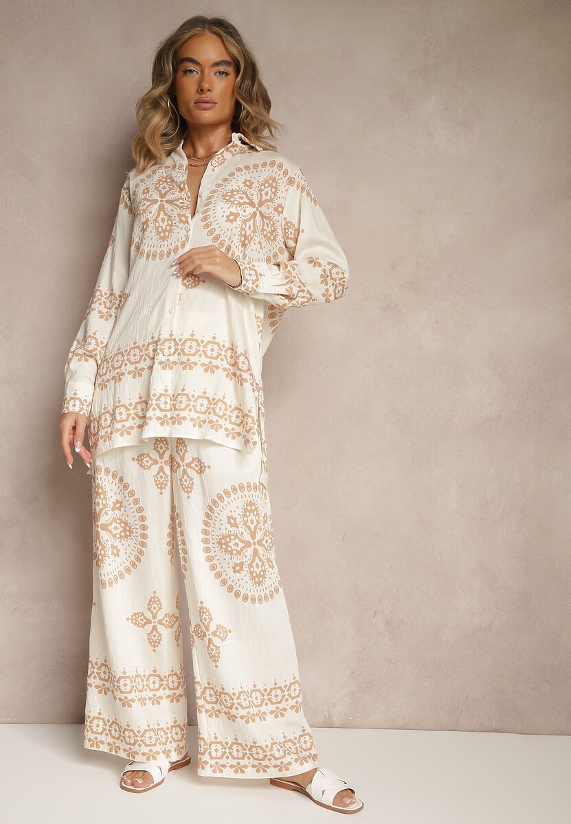 Jasnobeżowy Komplet z Wiskozy w Ornamentalny Print Koszula i Szerokie Spodnie Pasniela
