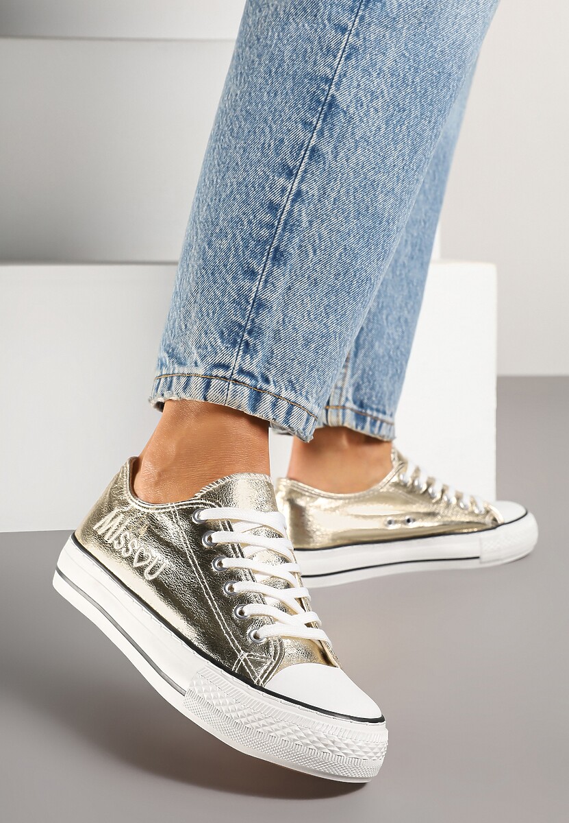 Złote Brokatowe Trampki z Napisem i Niską Cholewką Borlevi