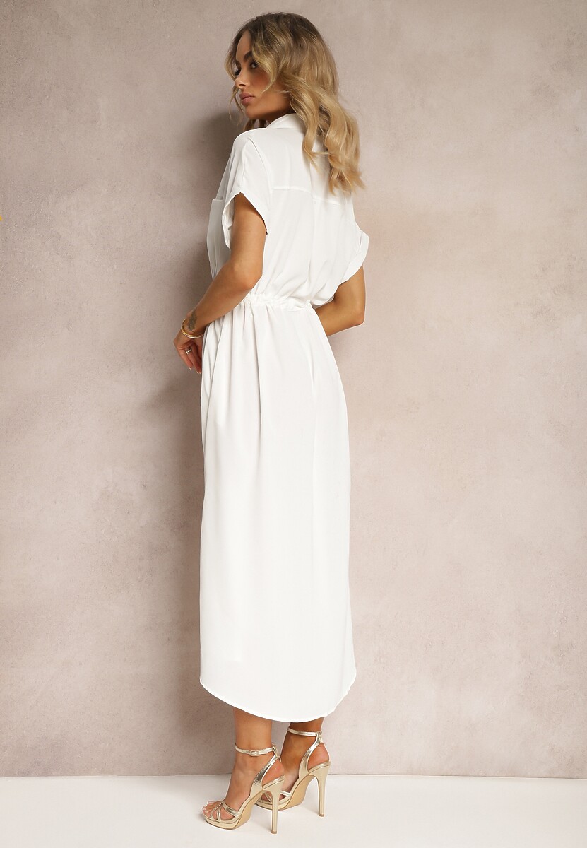 Biała Sukienka Koszulowa z Materiałowym Paskiem Zapinana na Guziki Quintia