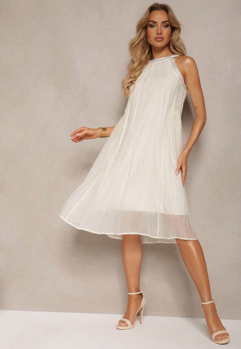Jasnobeżowa Koktajlowa Sukienka bez Rękawów z Ozdobnymi Perełkami i Falbankami Hilalia