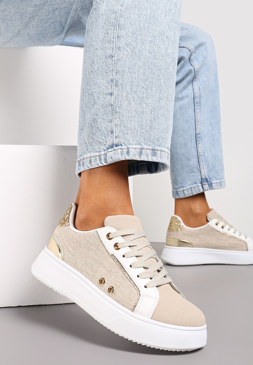 Biało-Szaro Sneakersy z Metalicznymi Wstawkami na Grubej Podeszwie Amoone