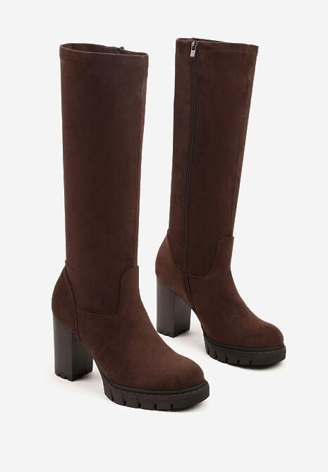 Brązowe Kozaki z Imitacji Zamszu na Obcasie Typu Słupek Rilaresa