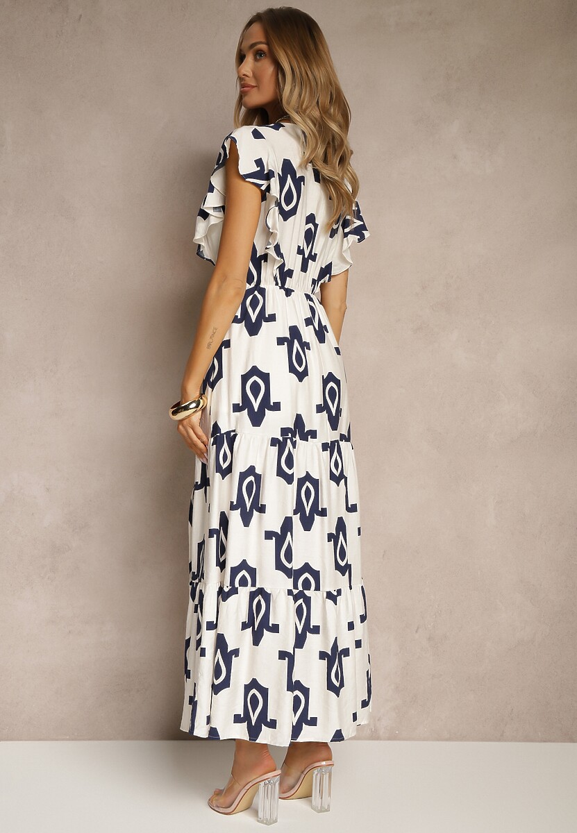 Biało-Granatowa Wiskozowa Sukienka w Geometryczny Wzór z Paskiem z Klamrą Viriala