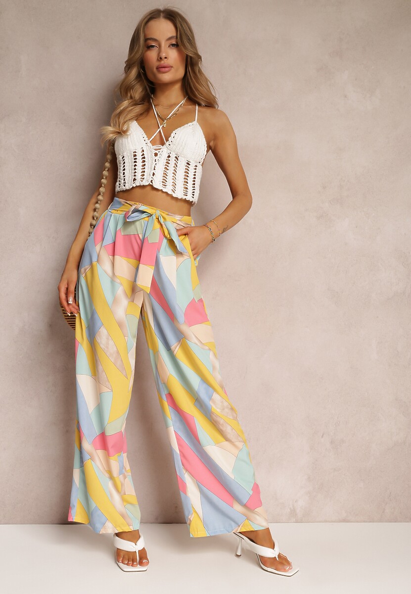 Beżowe Spodnie Szerokie z Wiązaniem Sanitis