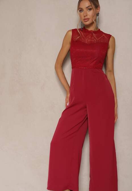 Bordowy Kombinezon z Szeroką Nogawką Zdobiony Siateczkowymi Wstawkami Naliena