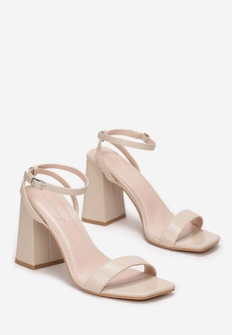 Beżowe Sandały na Stożkowym Obcasie ze Sprzączką Arke