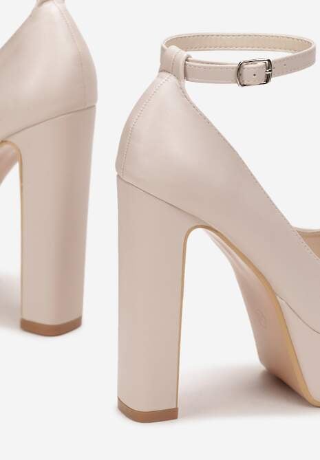 Beżowe Czółenka na Platformie i Słupku z Paskiem Delesa