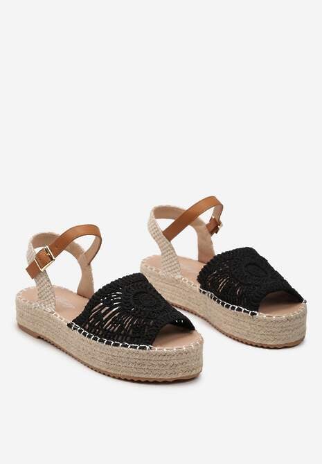 Czarne Sandały Espadryle z Plecionym Noskiem Peep Toe i Jutową Platformą Drelpa