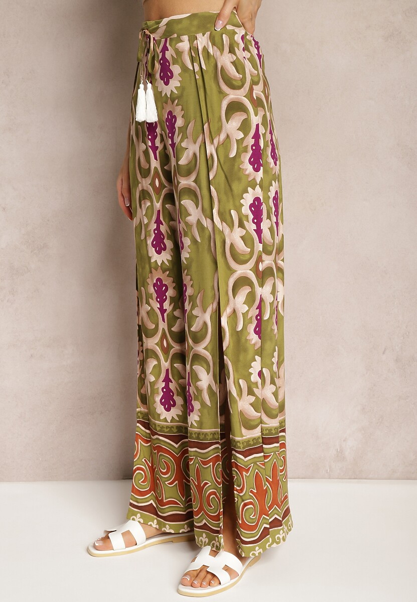 Zielono-Fioletowe Szerokie Spodnie z Wiskozy Ozdobione Wycięciami na Nogawkach i Ornamentalnym Wzorem Giathena