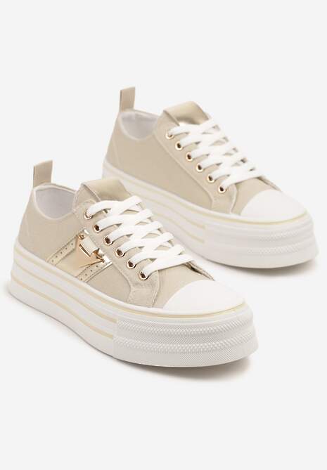 Beżowe Trampki na Platformie Ozdobione Metaliczną Aplikacją Telanoreta
