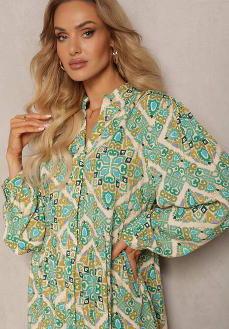 Zielona Wiskozowa Sukienka o Rozkloszowanym Kroju z Falbanką i Guzikami Orines