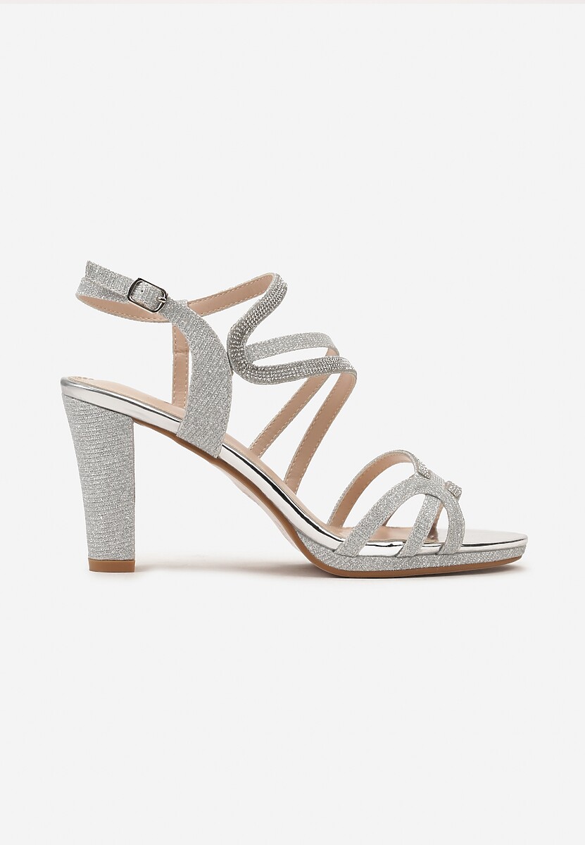 Srebrne Sandały na Słupku z Cienkimi Paskami Ozdobione Cyrkoniami Felioma