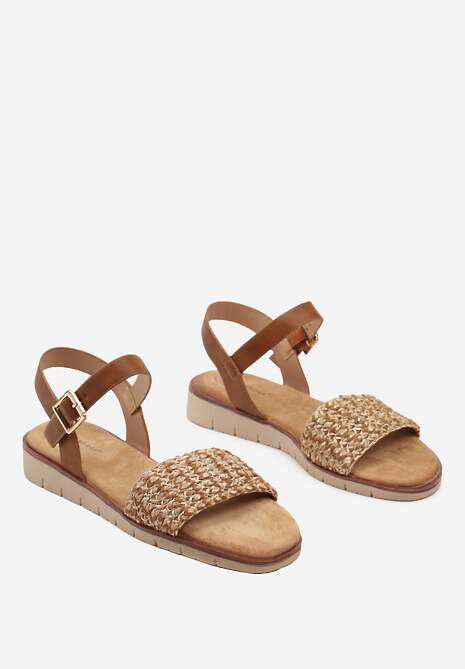 Brązowe Sandały na Płaskiej Podeszwie z Plecioną Paskiem Jutowym Tesarine