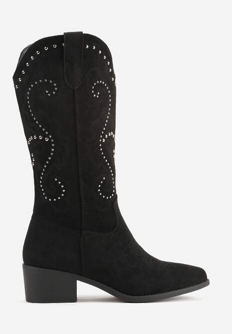 Czarne Kozaki Kowbojki na Słupku z Nitami i Haftem przy Cholewce Nuvitta