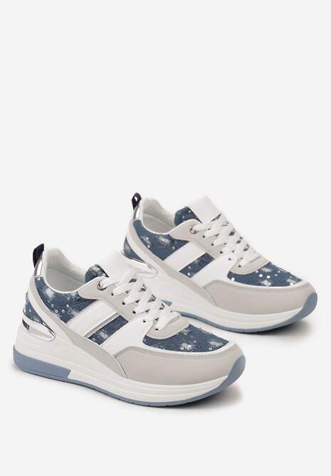 Niebieskie Sneakersy z Cekinami i Brokatem na Grubej Podeszwie Mabirra