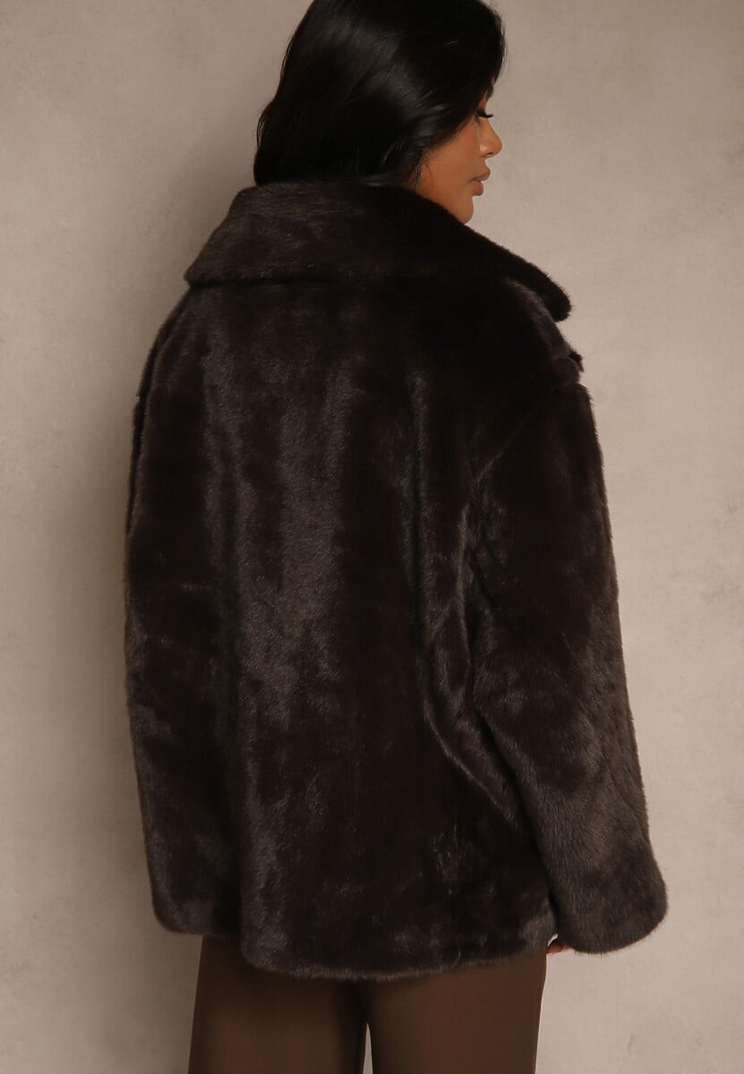 Brązowa Dwurzędowa Kurtka Futerko o Fasonie Oversize Manella