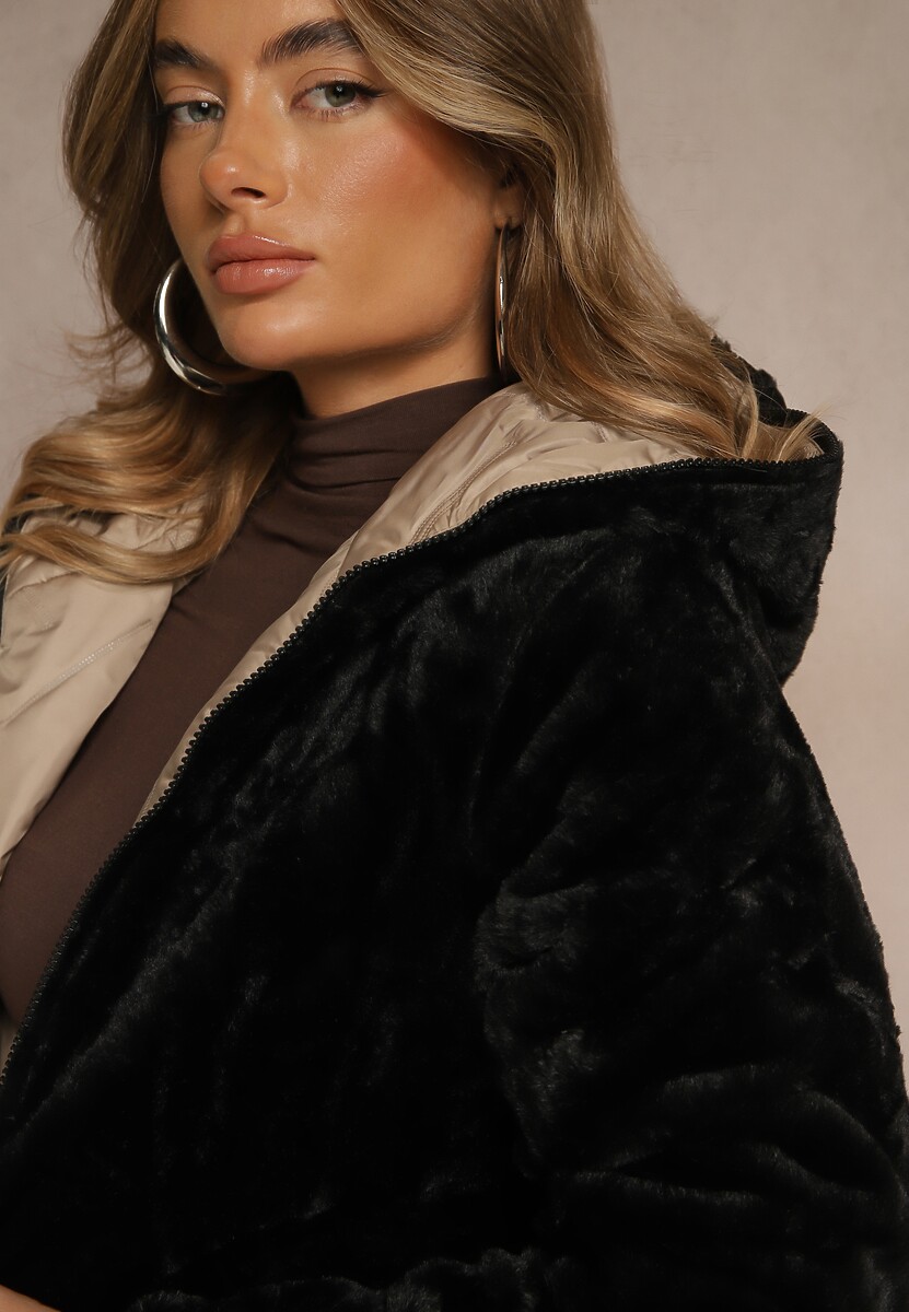 Beżowa Dwustronna Kurtka z Pikowanymi Przeszyciami i Kapturem Tianessa