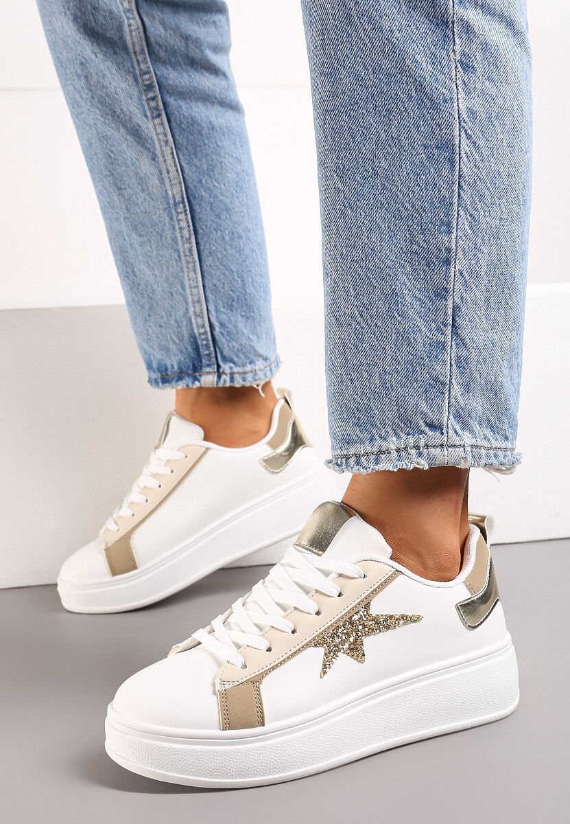 Biało-Beżowe Sneakersy na Platformie Ozdobione Gwiazdką z Brokatem Nislemia