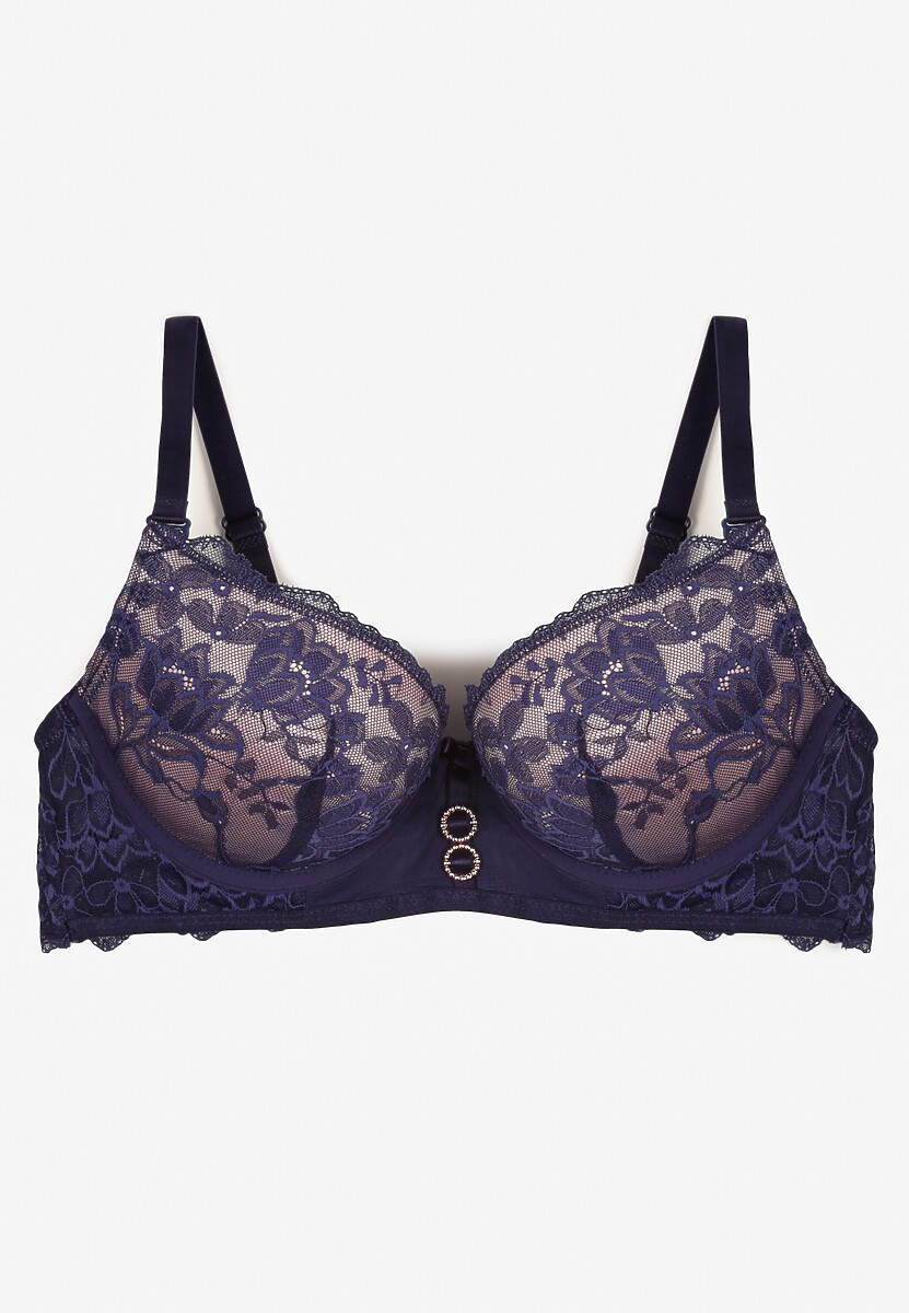Granatowo-Różowy Biustonosz Push Up Ozdobiony Koronką Temirenna