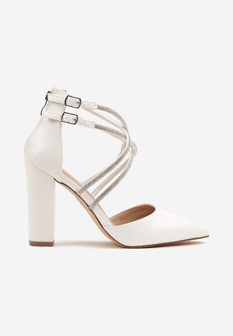 Białe Czółenka Vices na Słupku ze Skórzaną Wkładką Ozdobione Cyrkoniami i Paskami Sairira