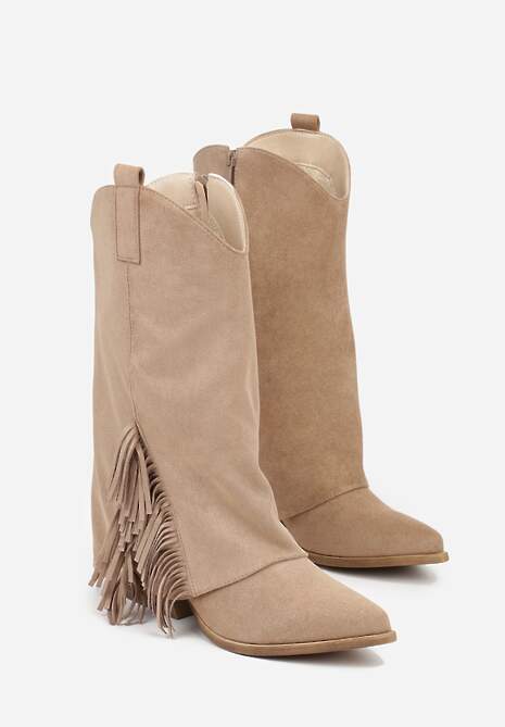 Ciemnobeżowe Botki Kowbojki na Stożku Ozdobione Frędzlami Reielle