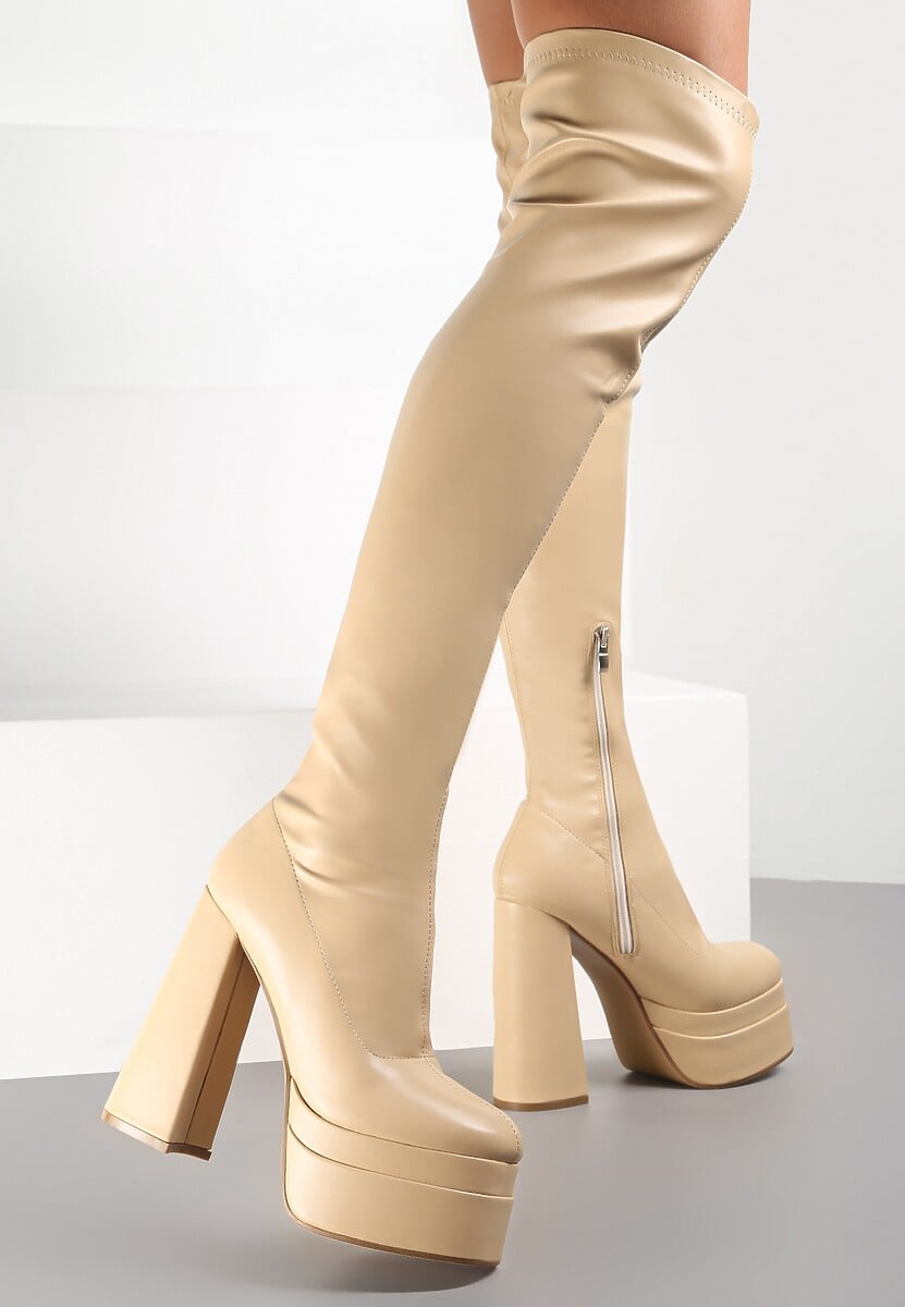 Beżowe Kozaki na Platformie i Słupku Kimia