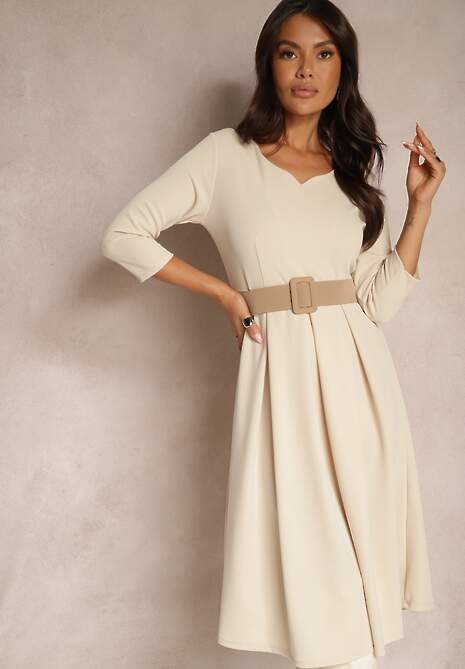 Beżowa Sukienka o Rozkloszowanym Kroju z Rękawem Długości 3/4 Nomini