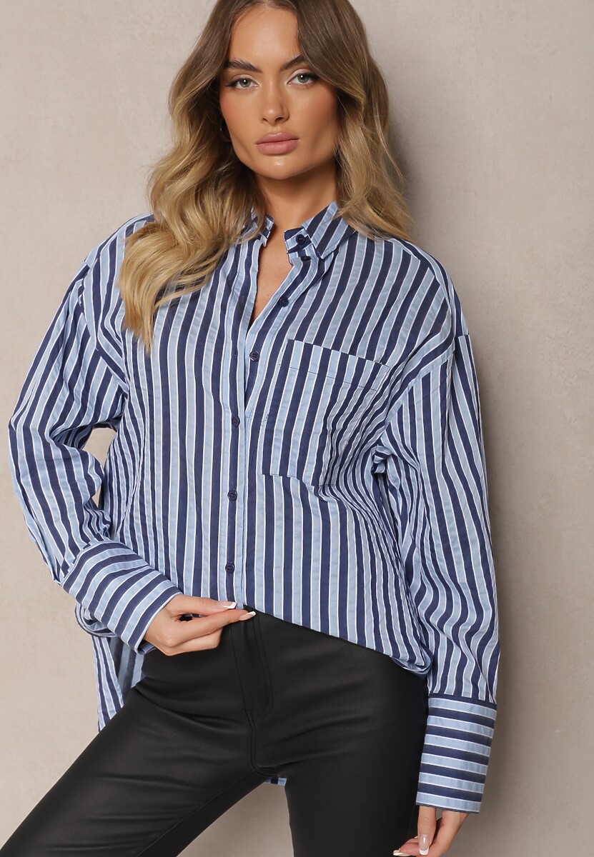 Czarno-Beżowa Casualowa Bawełniana Koszula z Dłuższym Tyłem w Paski Naolira