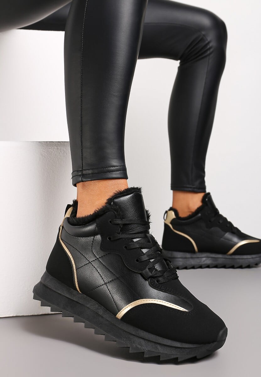 Czarne Sznurowane Sneakersy Ocieplane Futerkiem z Cholewką z Ekoskóry Bega