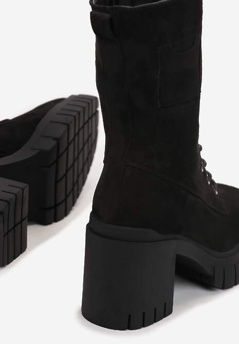 Czarne Botki na Słupku i Platformie ze Sznurowaniem Ameni