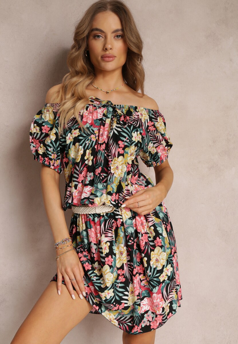 Czarno-Różowa Wiskozowa Sukienka Mini w Kwiaty z Hiszpańskim Dekoltem i Gumką w Talii Selecia