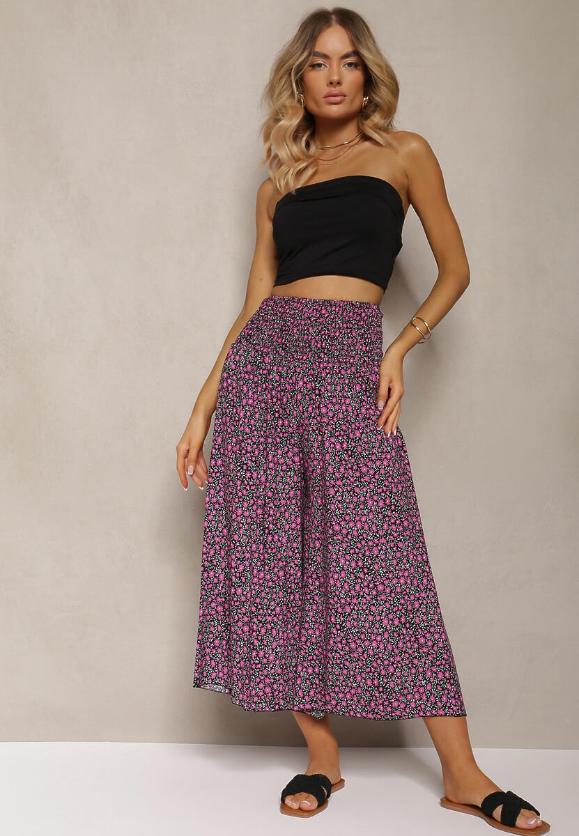 Czarno-Fioletowe Bawełniane Spodnie z Szerokimi Nogawkami 7/8 w Kwiatki Aliany