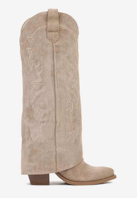 Ciemnobeżowe Kozaki Kowbojki na Stożkowym Obcasie z Wywiniętą Cholewką z Haftem Fenassa