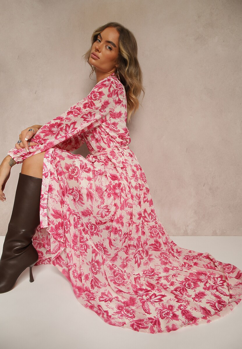Fuksjowa Kwiecista Sukienka Maxi z Falbanką i Materiałowym Paskiem Ayvie