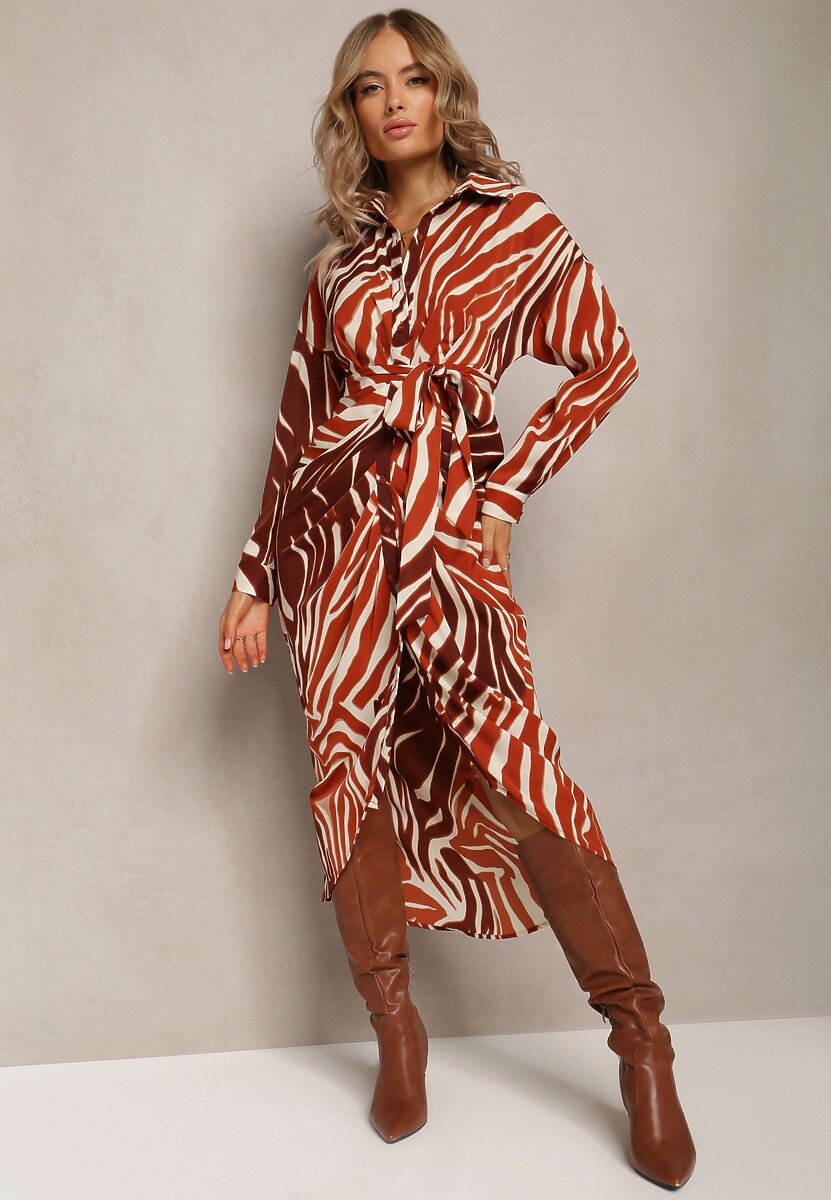 Brązowa Sukienka Koszulowa w Zebrę Maimuna
