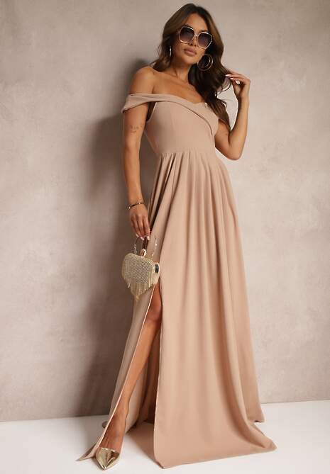 Ciemnobeżowa Elegancka Długa Sukienka Hiszpanka Wykończona Rozcięciem na Dole Idelia